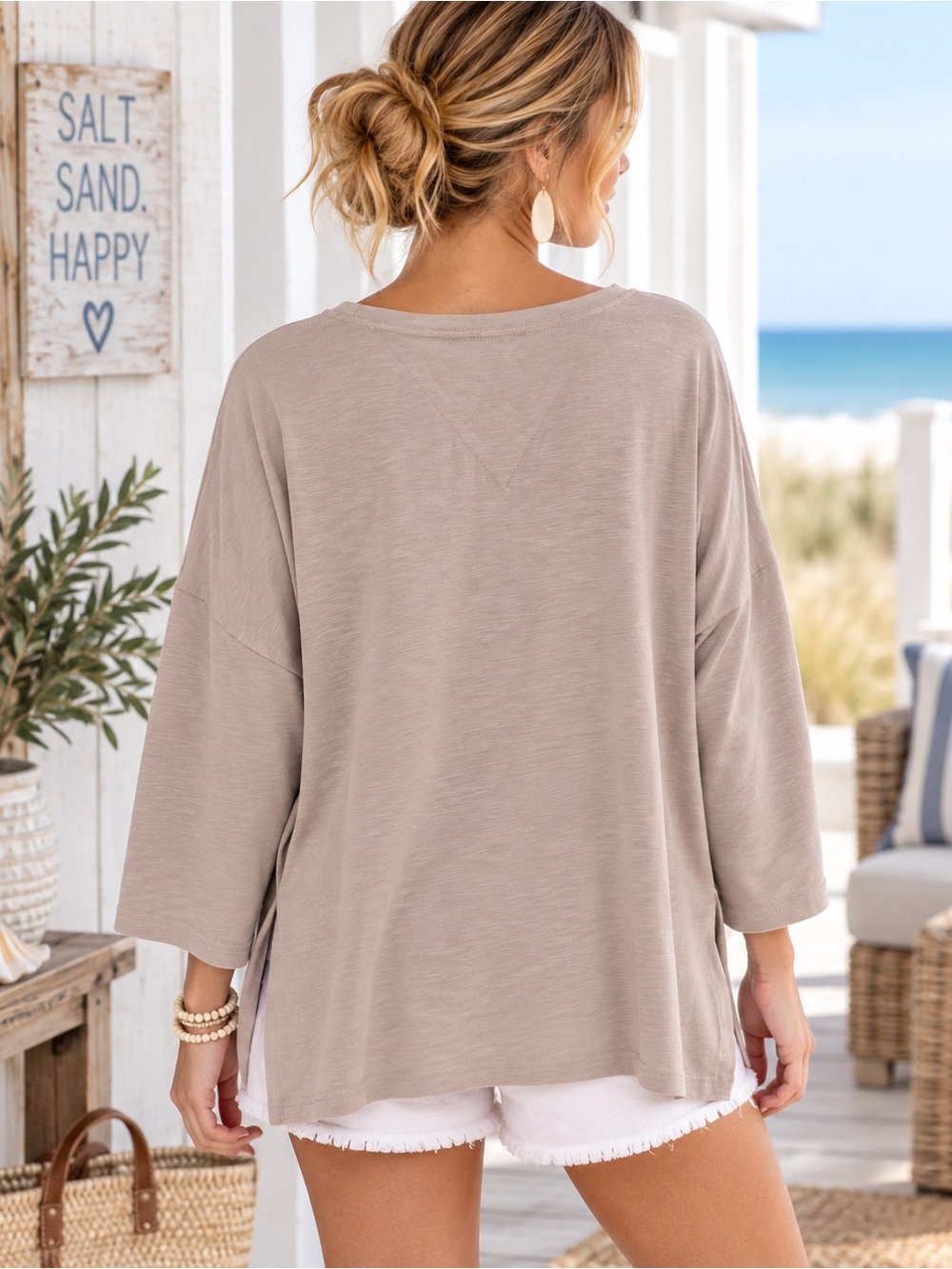Mersea One Size Oversized Taupe Coastal Slub Knit Top Side Slits - Picture 2 of 13